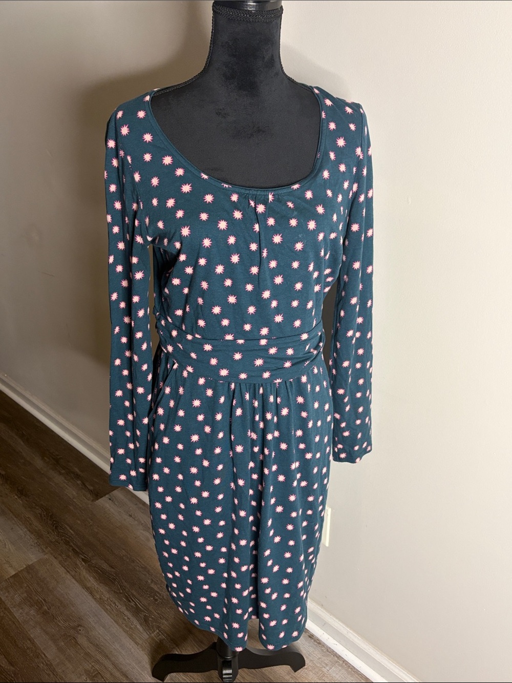 Boden Teal Long-Sleeve Dress with Pink Star Print